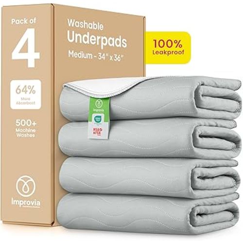 IMPROVIA® Washable Underpads, Heavy Absorbency Reusable Incontinence Pads for Kids, Adults, Elderly, and Pets - Waterproof Protection Floor Gray & White (4 Pack - 34x36)