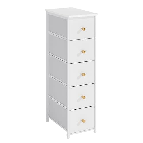 lurcns Narrow Storage Cabinet for Small Spaces Slim Skinny Bathroom Dresser Tall Dorm Nightstand Thin Organizer for Bathroom Bedroom (White, 5 Drawers)