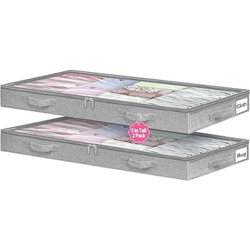 3-Inch High Under Bed Storage Containers, Low Profile Underbed Bins, NO RIGID STRUCTURE, Foldable Clothes Storage Organizer w/Lid & Zipper, Shallow Storage for Low Beds, Couches & Cribs, 2-Pack, Gray