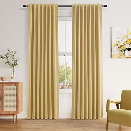 Guken 100% Blackout Curtains 84 Inch Length 2 Panels Set for Living Room Bedroom Back Tab Thermal Insulated Black Out Linen Drapes Room Darkening Window Curtains 84 Inches Long,Gold Yellow