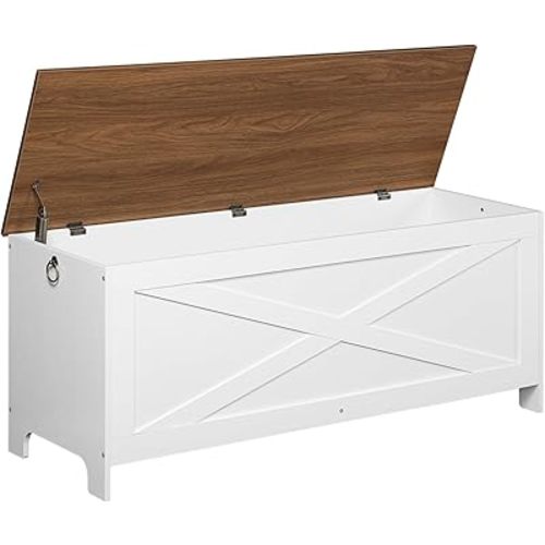 47.2" Toy Chest, Sturdy Entryway Storage Chest with Safety Hinge, Retro Toy Box, Wooden Look Accent Furniture for Living Room, Bedroom, White+Walnut SCBZ48801