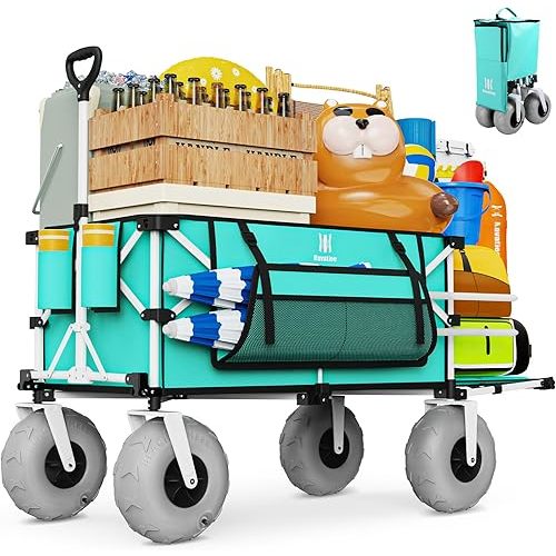 Navatiee 260L Beach Wagon with Extended Tailgate, 440lbs Heavy Duty Beach Cart with 9” Big Balloon Wheels for Sand, Collapsible Folding Wagon with Side Pocket for Outdoor, Light Blue