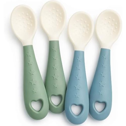 Silicone Baby Spoons (4-Pack) – Soft BLW Self Feeding Spoons for Babies 6+ Months, Gum-Friendly First Stage Infant Spoons, BPA-Free, Dishwasher Safe (2 Green, 2 Blue)
