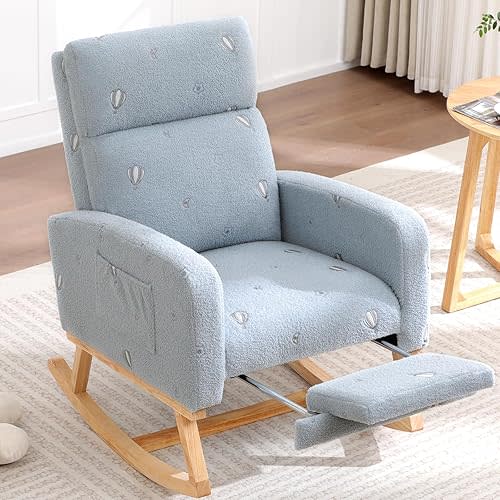 Rocking Chair Nursery with Foot Rest, Teddy Nursing Rocking Chairs for Mom Breastfeeding, Rocker Glider Chair with High Backrest for Living Room, Bedroom, Ballon Printed Blue