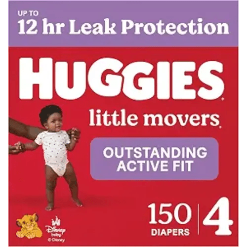 Huggies Size 4 Diapers, Little Movers Baby Diapers, Size 4 (22-37 lbs), 150 Count (6 Packs of 25), Packaging May Vary