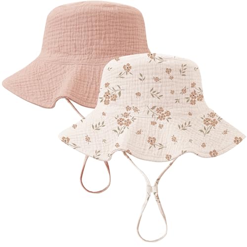 Konssy 2 Pack Muslin Baby Sun Hat UPF 50+ Sun Protection Baby Bucket Hat Summer Beach Hats with Wide Brim for Boys & Girls