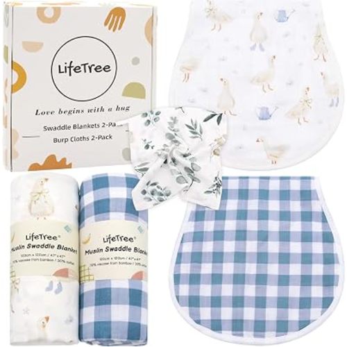 LifeTree Baby Swaddle Blankets and Burp Cloths 2 Pack, Boys Girls Muslin Swaddling Wrap Receiving Blanket for Newborn, 70% Viscose from Bamboo and 30% Cotton, Large 47" x 47", Duck & Blue Checkered