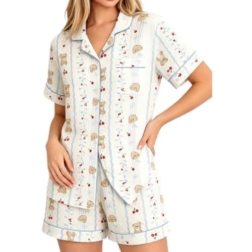 SWOMOG 100% Cotton Pajamas Set for Women 2PCS Short Sleeve Button Down Pjs Floral Print Summer Sleepwear Tops and Pants