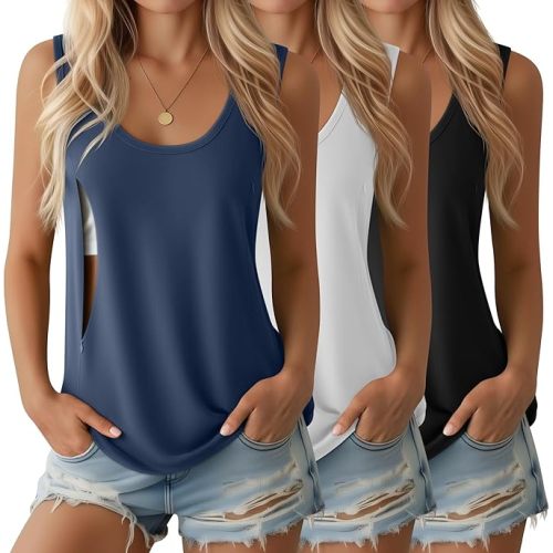 Ficerd 3 Pack Women's Maternity Nursing Tank Tops Breastfeeding Zipper Sleeveless Shirts Comfy Summer Pregnancy Clothes