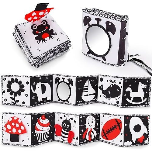 Black and White High Contrast Toys for Baby 0-3 3-6 months Infant Tummy Time Soft Book Sensory Musical Toy 0-2-4-6 month Babies Brain Development Montessori Crinkle Book Mirror Newborn Shower Gifts