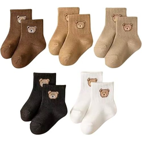 5 Pairs Baby Socks Toddler Soft Comfortable Breathable All-Season Cartoon Bear Pattern Kids Footwear