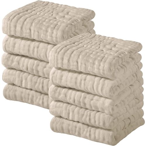 Yoofoss Muslin Baby Washcloths 100% Cotton Face Towels 10 Pack Wash Cloths for Baby 12x12in Soft and Absorbent Baby Wipes (Apricot)