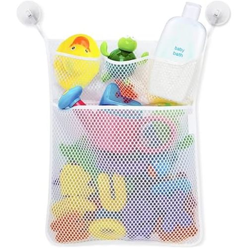 2 x Bath Toy Organizer with 4 Strong Suction Hooks, Bath Toys Storage Mesh Bag, Shower Toy Holder, Quick Drying Bathtub Toy Basket, for Bath Toys, Shampoo & Soap