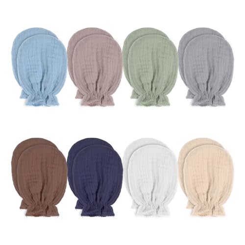 8 Pairs Newborn Baby Muslin Mittens Newborn Infant Toddler Mittens No Scratch Elastic Wrist Gloves Soft Breathable Cotton Gloves Must Haves Essentials for 0-6 Months Baby Boys Girls
