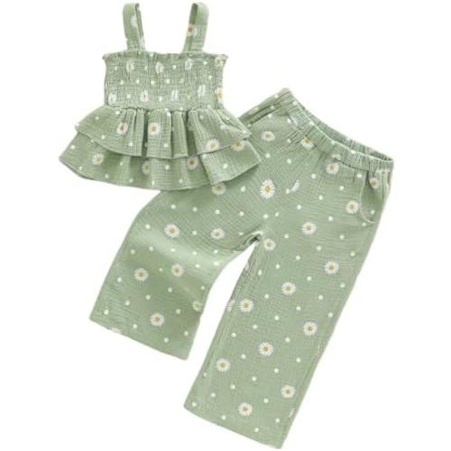 Toddler Baby Girl Clothes Sleeveless Smocked Ruffle Tank Tops and Long Pants Summer Little Girls Outfits