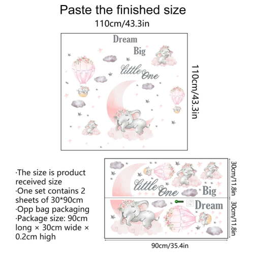 chengsi Charming Pink Elephant Wall Art Decals Perfect for Baby Girl's Nursery Decor