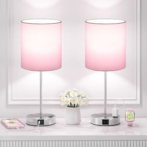 17.6" Pink Touch Lamps for Bedroom Set of 2 - Dimmable, USB C+A, AC Outlet