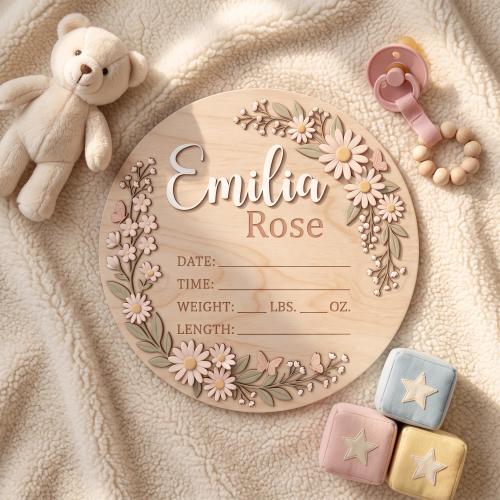Custom Floral Birth Announcement Sign, Personalized Baby Girl Name Plaque, Boho Daisy Nursery Decor, Newborn Stats Hospital Door Hanger Gift