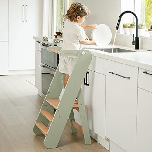 Comfy Cubs Kids Step Stool for Ages 3+, 3 Height Adjustable Toddler Tower, Montessori Furniture Designed in The US - Toddler Standing Tower for Kitchen Sink & Bathroom Access - Sage