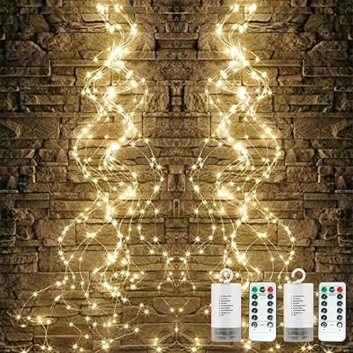 2 Pack Fairy Lights, 250 LEDs Waterfall String Lights, Battery Operated Twinkle Light with Remote, Branch Watering Can Firefly Lights for Garden Outdoor Christmas Tree Decor