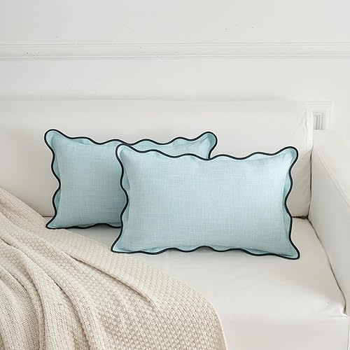 Scalloped Throw Pillow Covers Set of 2 for Living Room, Cotton & Linen, Boho Sytle Decorative Home (Blue & Teal, 12x20 Inch)