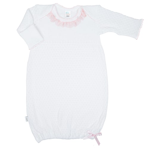 White Paty Knit LS Lap Shoulder Gown w/ Chiffon Trim