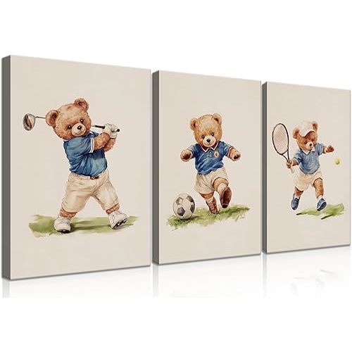 Watercolor Sports Teddy Bear Wall Art Set of 3 - Golf, Soccer, Tennis Themed Canvas Prints - Neutral Nursery Decor for Boys Room, Kids Bedroom, Playroom Wall Decor - Framed to Hang 12x16 In