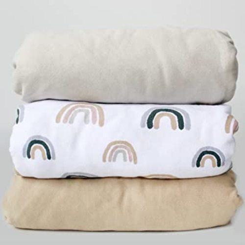NODNAL CO. 3 Fitted Crib Sheets Rainbow & Solid Colors Set - 100% Oeko-TEX Cotton for Baby Girl/Boy Nursery Bedding - Boho Gender Neutral Watercolor Beige/Tan Set Toddler Mattress 28”x52”x9” Sheet