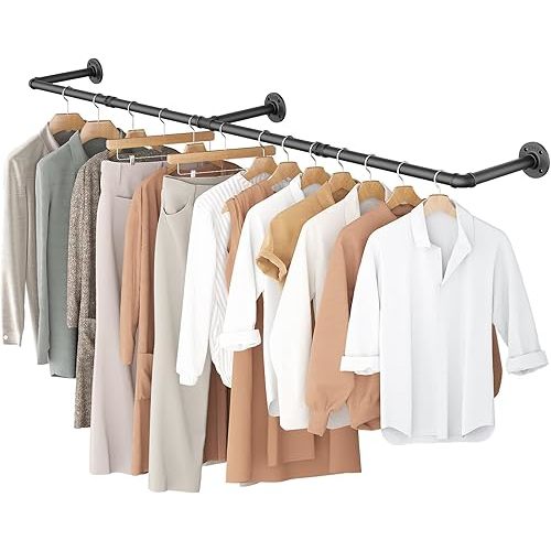 OROPY Clothes Rack, 65.7" Industrial Pipe Clothing Rack for Hanging Clothes, Wall Mounted Heavy Duty Space Saving Garment Rack for Closet Storage, Black, 3 Base