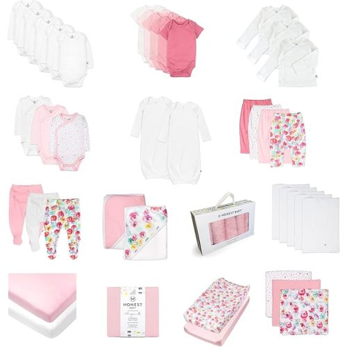 HonestBaby 50-Piece Oh Set Newborn Essentials Gift Box Organic Cotton for Infant Baby Boys, Girls, Unisex