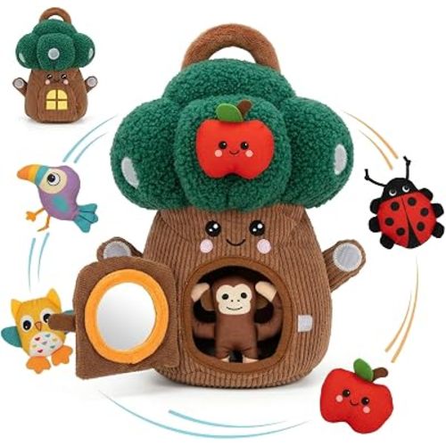 Baby Sensory Toys 6-12 Months, Montessori Plush Treehouse with Mirror, Peek a Boo Woodland Animals Put & Take Set, Fine Motor Skills Early Learning Travel Activity for Infants Toddlers Newborn Gifts
