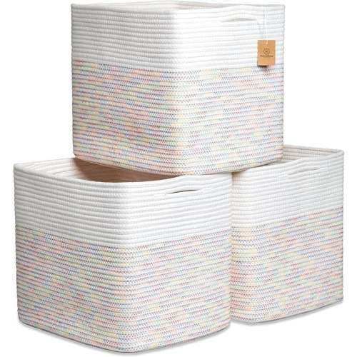 13x15x13 Kallax Storage Cubes Bins, 3 Pack | Cotton Rope Cube Storage Bin Woven Baskets for Organizing | Kallax Insert Storage Baskets for Shelves Organizer, Kids Toy, Closet Baby Nursery