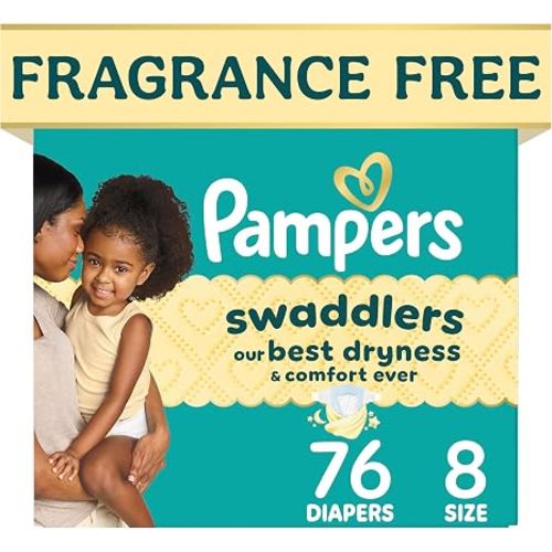 Pampers Swaddlers Diapers, Size 8 (30+ lbs), 76 Count, Fragrance Free, Hypoallergenic, Absorbent, Pediatrician Recommended, Skin Safe