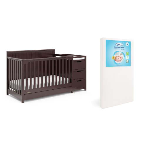 Graco Hadley 5-in-1 Convertible Crib and Changer and Premium Crib & Toddler Mattress Bundle, Espresso