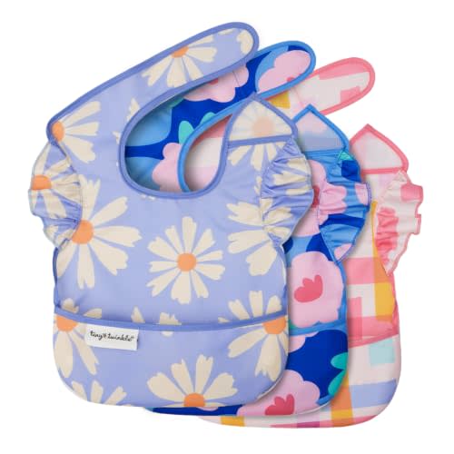 Tiny Twinkle Mess-Proof Baby Bibs for Eating | Waterproof, Wipeable Toddler Bibs with Catch-All Pocket | Feeding Bibs for Girls & Boys (3 Pack, Daisies, Blue Floral, Playful)