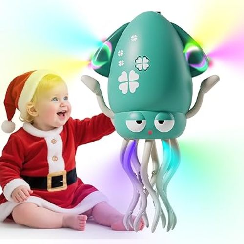 Dancing Octopus Baby Toy - Electric Wiggly Crawling Musical Squid Toy with Lights for Infants & Toddlers | Fun Tummy Time Toys Gifts for Boys Girls (Green)