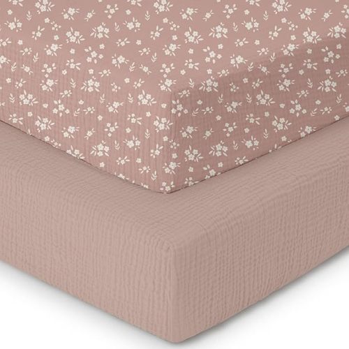 CoolaPeach Muslin Crib Sheets–100% Organic Cotton Baby Sheets for Boys & Girls,2 Pack Muslin Mini Crib Sheets for Toddler Mattress,Breathable Crib Mattress Sheets 28''x52''(Flower)