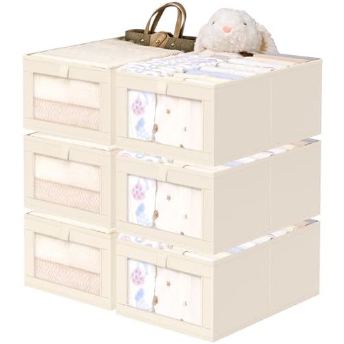 Criusia 6 Pack Linen Closet Organizers and Storage, Large Linen Closet Baskets for Organization, Foldable Storage Containers for Clothing, Towels, Toys, Jeans, Books, Shelves, Beige