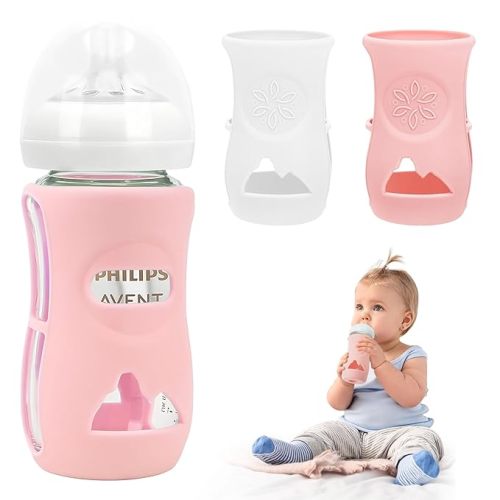 2 Pack Silicone Sleeves for Philips Avent Glass Natural Baby Bottle 8 oz, Food Grade Silicone, BPA Free Glass Baby Bootle Sleeve, Anti Breakage Baby Bottle Holder, Non-Scald, Dishwasher/Heaters Safe
