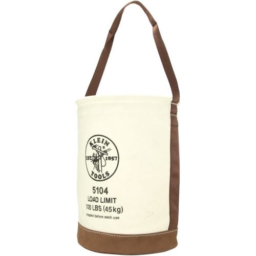 Klein Tools 5104 Canvas Bucket with Leather Bottom, 12-Inch Diameter, 1 Pocket, 100-Pound Load Rated Utility Bucket, Natural