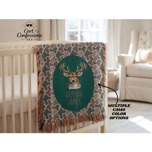 Personalized Camo Deer Woven Blanket, Camo Deer Nursery Decor, Personalized Hunt Baby Shower Gift, Camo Deer Hunting Baby Blanket Gift
