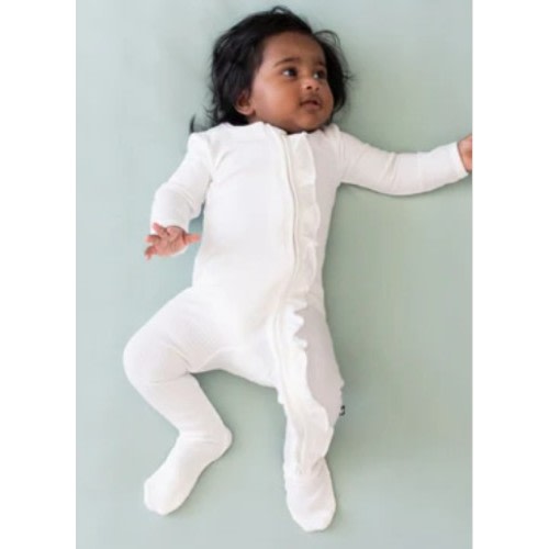 Ribbed Ruffle Zipper Footie in Cloud