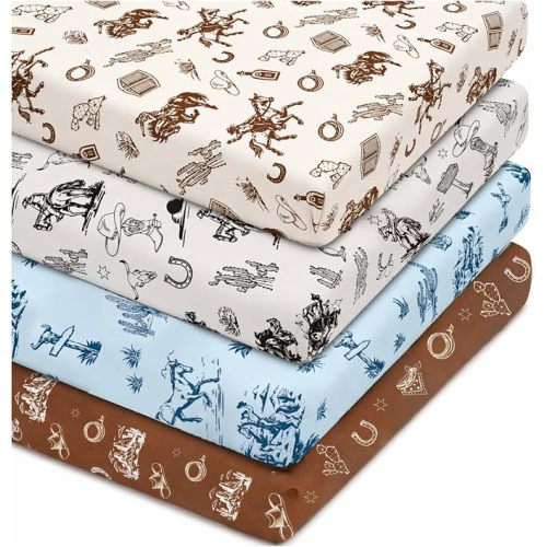 4 Pack Vintage Western Crib Sheets Set - Fits Standard 52"x28"x8" Crib & Toddler Mattress, Soft Breathable Polyester Baby Nursery Bedding, Retro Cowboy Horse Cactus Print Fitted Sheets for Boys