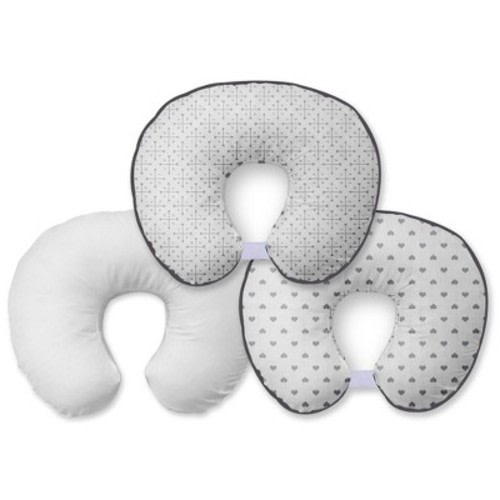 Bacati - 3 pc Love/Hearts Gray Muslin Hugster Feeding & Infant Support Nursing Pillow with 2 removable zippered covers
