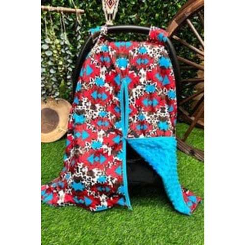 Baby Boys Aztec Cow Print Red Blue Western Rodeo Minky Infant Carrier Car Seat Cover