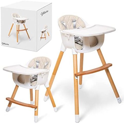 VITTAVIA High Baby Chair for Babies and Toddlers | 3 in 1 Modern Convertible High Chair with Removable Tray and Wipeable Cushion | Wooden High Chair with Adjustable Legs and Foot Rest - Cream Color