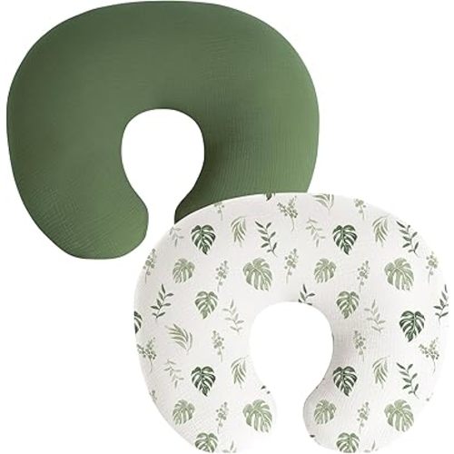 Muslin Nursing Pillow Covers, 2 Pack, Soft & Adorable Slipcovers with Zipper Closure, 100% Cotton Covers for Breastfeeding Pillows (Leaf, Green)