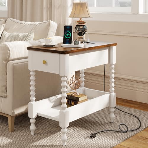YOSHOOT Farmhouse End Table with Charging Station - Narrow Side Table for Living Room Bedroom Small Space, Wood Nightstand with Drawer and Power Outlets, White