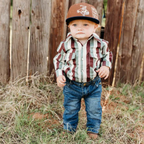 Brown Stripe Vintage LS Pearl Snap Onesie (0-18M)