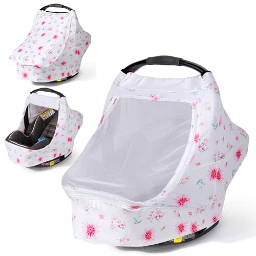 Orzbow Baby Car Seat Cover, Breathable Car Seat Canopy for Girls Boys with Mesh Window, Lightweight Baby Carrier Cover for Wind, Dust, Sun and Insects Protection, Universal Fit, Pink